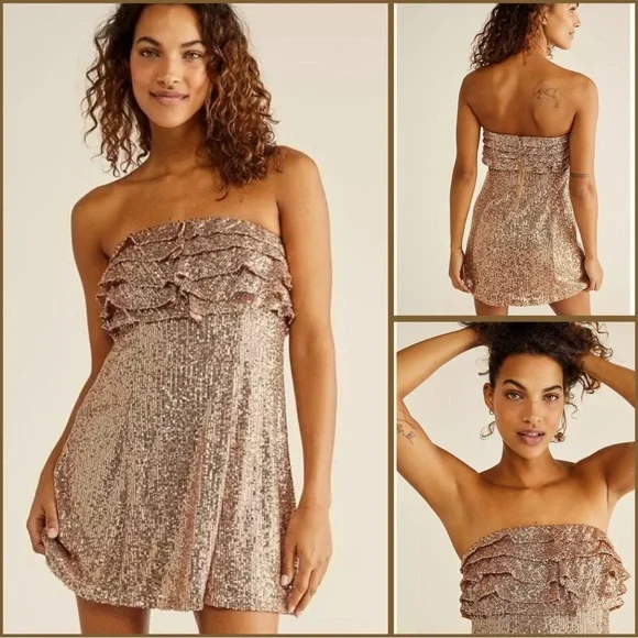 🥂Free People New Frida Ruffle Mini Dress Sequined Bronze 6 Cocktail Party - Picture 3 of 13